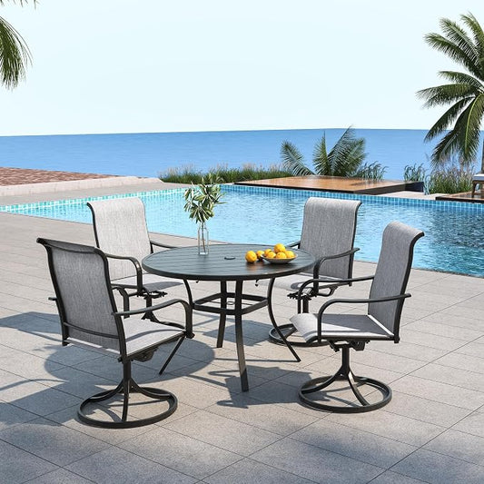 Grey Patio Swivel Rocker Chairs with 41" Round Table Outdoor Dining Set 5 | 41 inch Metal Round Table; 4 Piece Swivel Chairs: High Back, Curved Armrest, Textilene Fabric, Rocking; All Weather