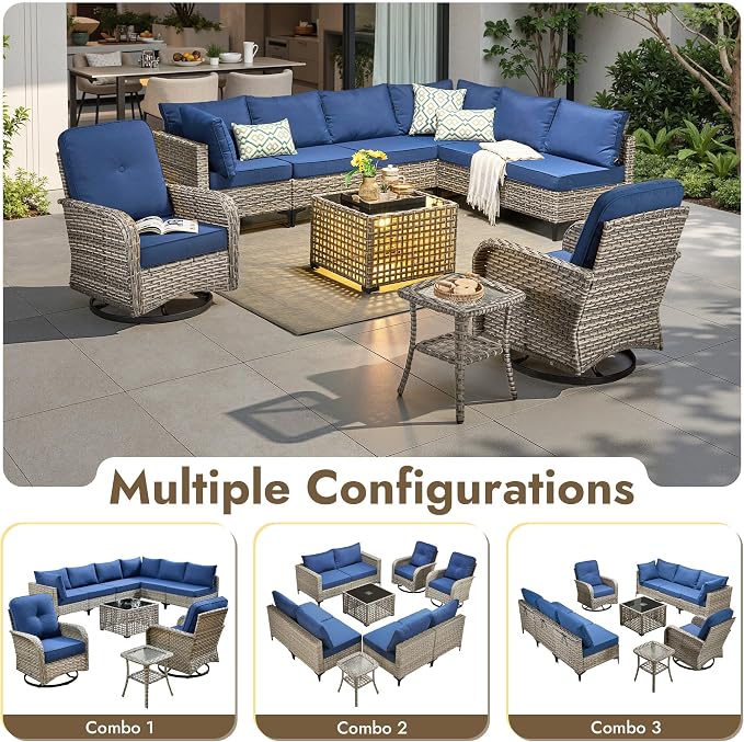 10 Pieces Outdoor Sectional Patio Furniture Set with Swivel Rocking Chairs,Wicker Conversation Sets Rattan L Shaped Couch,Modular Outdoor Sofa for Porch Balcony Backyard Navy Blue