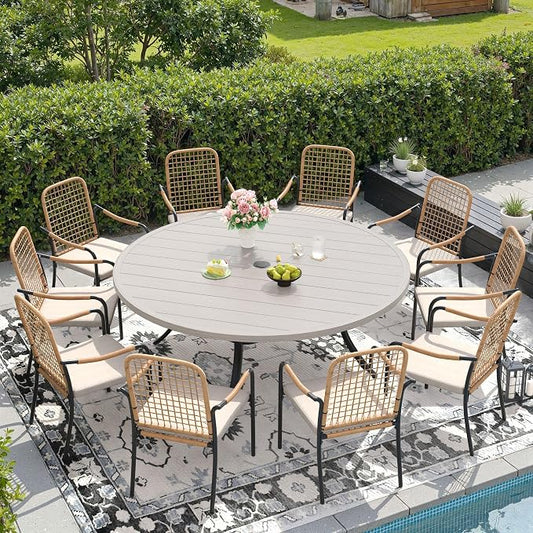 DIFY 11 Pieces Outdoor Dining Set for 10, 63" Round Dining Table with Umbrella Hole & Wicker Stackable Patio Chairs with Cushions, Metal Patio Table and Chairs Set for Backyard Porch, Grey Wood-Like