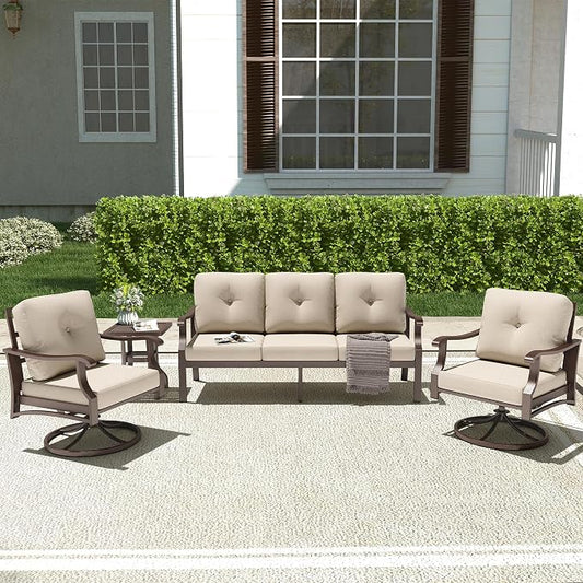 4 Piece Patio Furniture Set, Metal Outdoor Conversation Set w/3-Seat Sofa, 2 Rocking Swivel Chairs, Side Table, Patio Bistro Set w/5" Thickened Cushions for Porch Yard Poolside, Beige