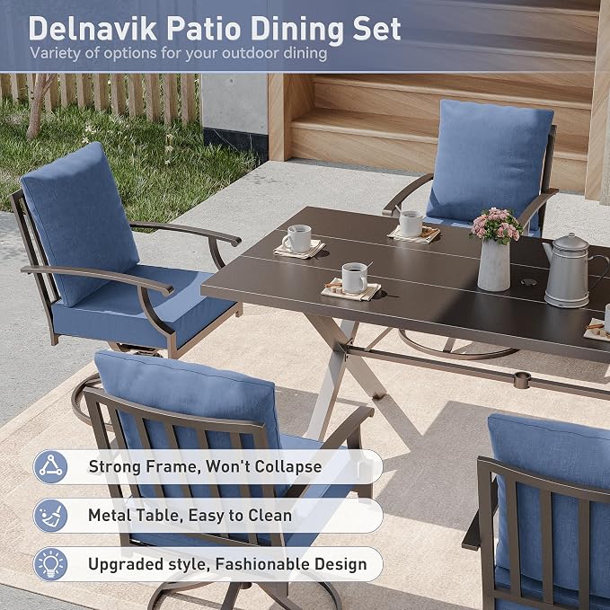 Kurapika 9 Pieces Patio Dining Set Outdoor Furniture with 8 Swivel Chairs, Metal Patio Furniture Set 8 Chairs and Large Table with Umbrella Cutout for Yard Porch Deck, Navy Blue