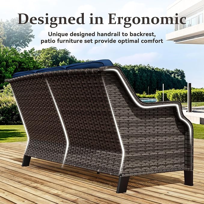 6 Pieces Patio Furniture Set, Outdoor Furniture Set with 2 Patio Swivel Rocking Chairs, 2 Ottoman, 1 Outdoor Wicker Sofa, 1 Metal Table, Ideal for Backyard, Garden, Poolside, Blue