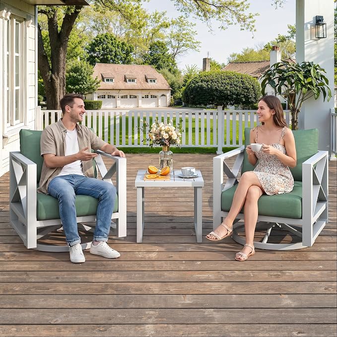 3 Piece Aluminum Rocking Patio Furniture Set, Modern Outdoor Patio Conversation Sets with Ergonomic Swivel Chairs, 6" Thick Washable Cushions and Coffee Table for Balcony, Porch, Backyard,White