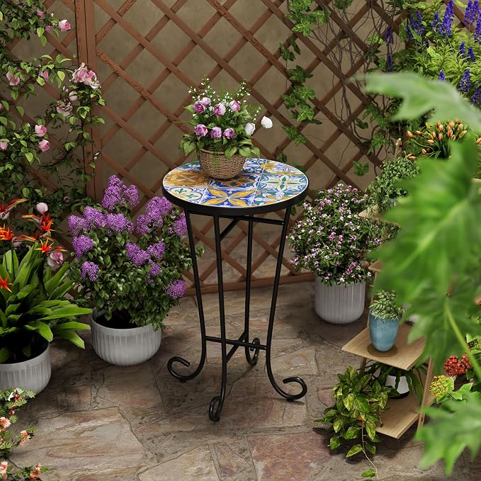 Christopher Knight Home Glady Outdoor Round Side Table, Patio Bistro Table with Ceramic Top and Metal Frame, Small Decorative Accent Table for Patio Garden Porch Balcony, Geometric