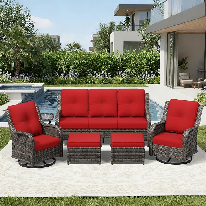 Joyside 6 Piece Wicker Patio Furniture Set, Outdoor Swivel Rocker Patio Chairs with High Back, Deep Seating, Wide Armrest, Thickened Cushions, Outdoor Furniture for Deck, Porch Use