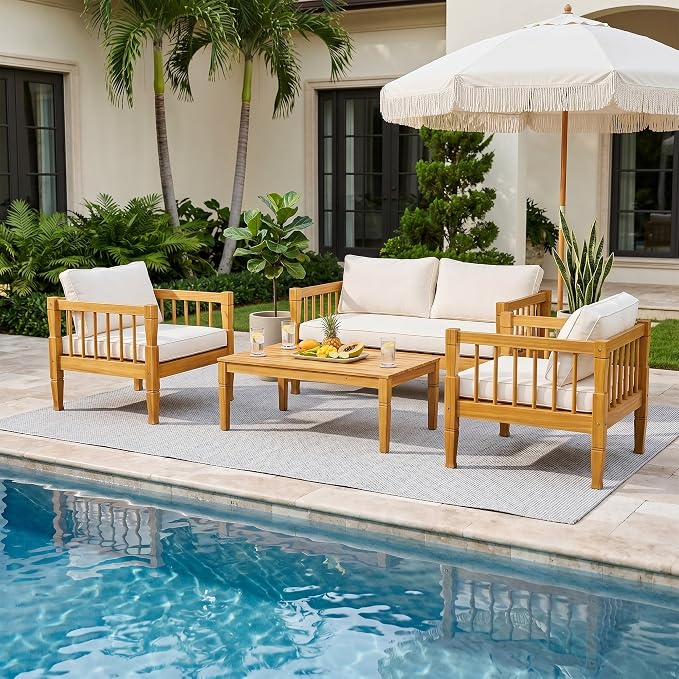 4 Piece Patio Furniture Set, Acacia Wood Modern Outdoor Conversation Set with Thick Removable Washable Cushions, All Weather Wooden Patio Seating Set for Poolside, Backyard, Balcony & Front Porch