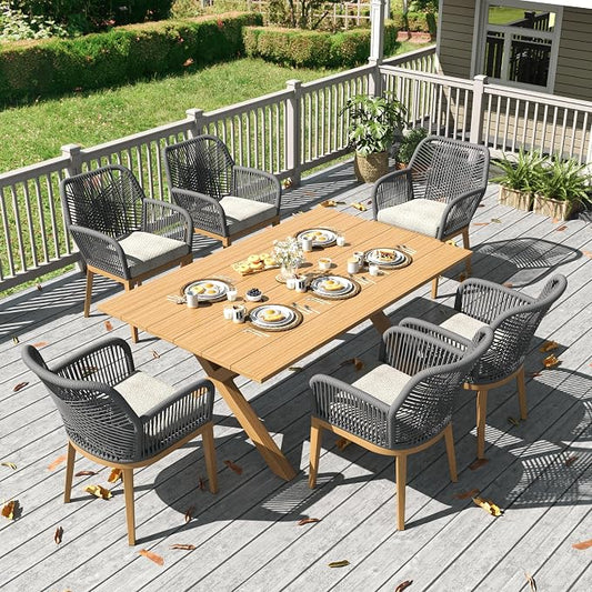LayinSun Outdoor Dining Set for 6, 7 Pieces Patio Furniture Sets with Aluminum Dining Table and Rope Weave Chairs