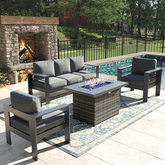 4 Pieces Modern Aluminum Patio Furniture Set with Fire Pit Table, Outdoor Conversation Sets Metal Sectional Sofa