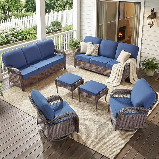 6 PCS Patio Furniture Set Outdoor Sectional Sofa Couch with Rocking Swivel Chairs 5" Deep Seat Chairs, 2 Sofa Sets Modern Wicker Rattan Conversation Set, Blue/Brown Wicker