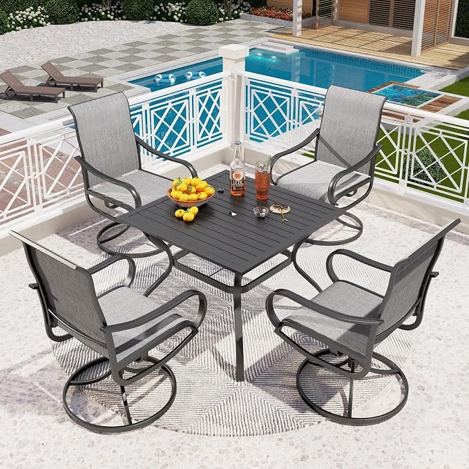 PHI VILLA 5 Pcs Patio Dining Set for 4, Swivel Mesh Chairs, Grey | 4 textilene dining chairs. 37" metal square table with umbrella hole, all weather E-coated metal frame for outdoor deck lawn