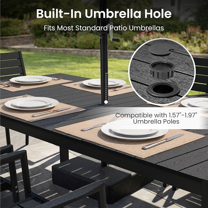 Crestlive Outdoor Dining Table for 8, Patio Table with Umbrella Hole, Aluminum Frame & WPC Wood-Like Tabletop Ideal for Garden, Backyard, and Indoor