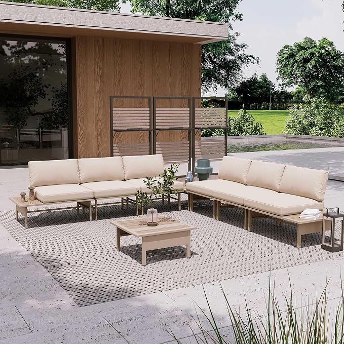 LAUSAINT HOME 8 Pieces Patio Furniture Set, Outdoor Metal Frame Patio Conversation Sets with Coffee Table & Thick Cushions for Garden, Poolside, Backyard(Beige)