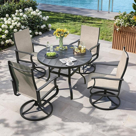 5 Pieces Patio Dining Set, Patio Outdoor Furniture Set of 4 Patio Swivel Dining Chairs and 39" Patio Spliced Round Tabletop with Umbrella Hole, for Deck, Backyard, Poolside & Garden