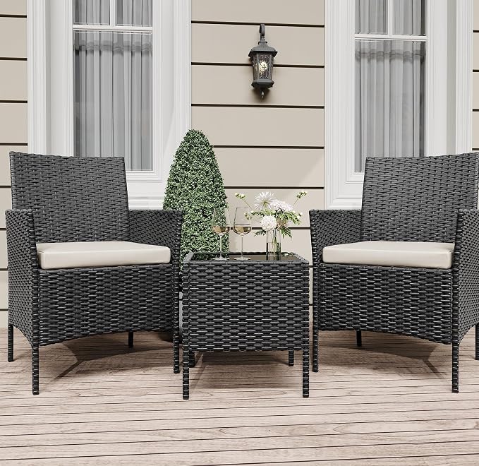 3-Piece Patio Furniture Set,Outdoor Patio Conversation Set with 2 PE Rattan Armchairs, Weather-Resistant Cushions & Tempered Glass Table,All-Weather Bistro Set for Garden, Backyard（Black/Beige）