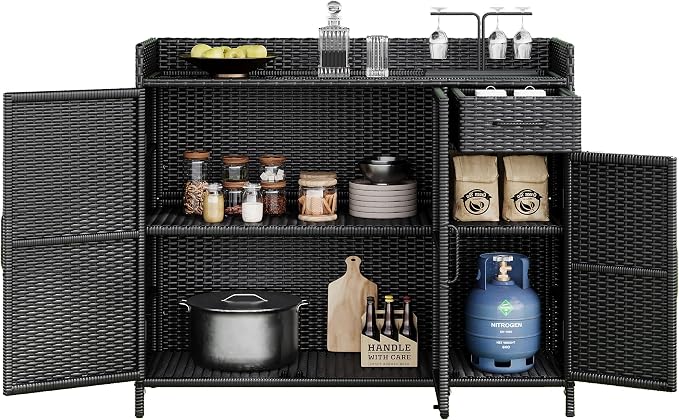 LUMISOL Patio Rattan Bar Table with Adjustable Shelf and Drawer, Outdoor Storage Cabinet with Tempered Glass Desktop, Weather-Proof, Wicker Bar Table with 3 Doors for Outdoor Garden, Black