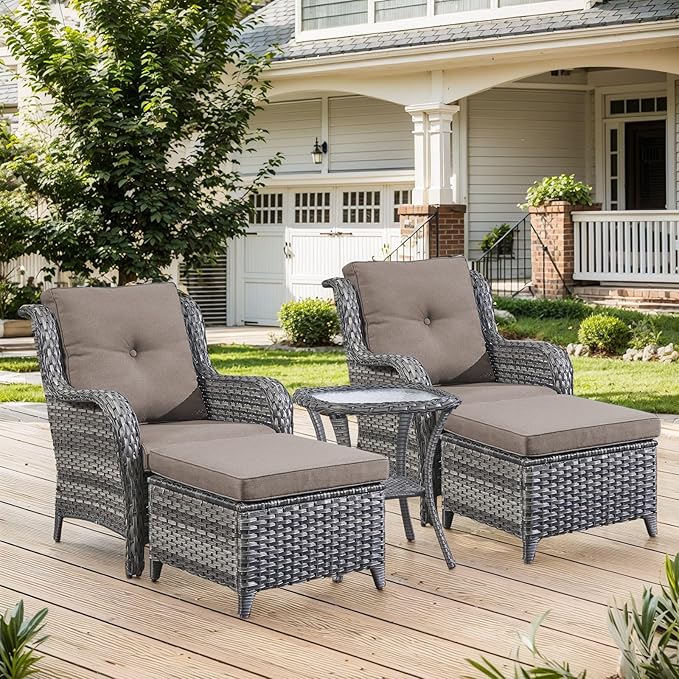 Belord Outdoor Wicker Furniture 5 Pieces Patio Furniture Set Patio Chairs with Ottomans and Side Table Conversation Set for Porch Garden Deck Balcony Poolside
