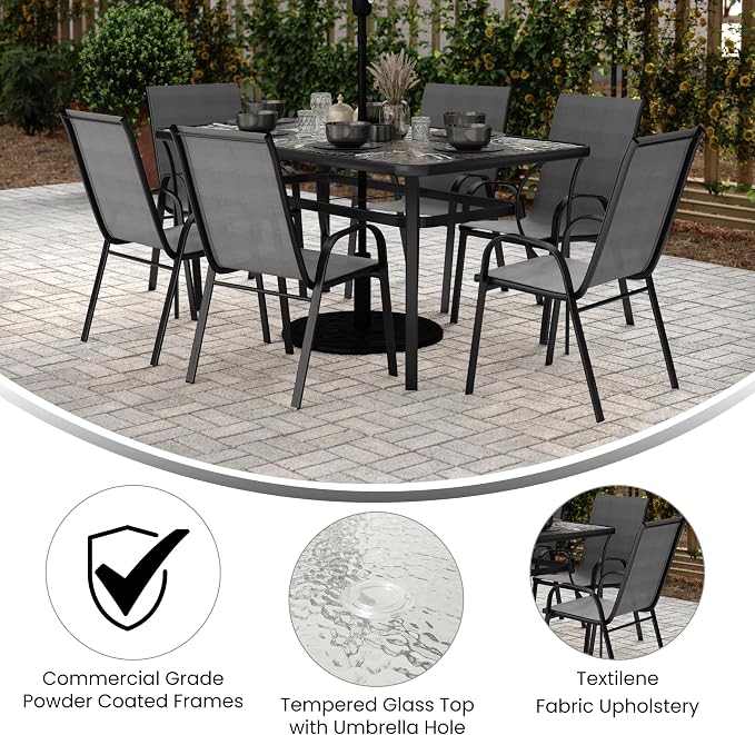 Merrick Lane Bardwell 7-Piece Outdoor Dining Table Set for 6, Glass Top Table with Hole for Umbrella, 6 Breathable Textilene Stackable Patio Chairs, Gray/Black