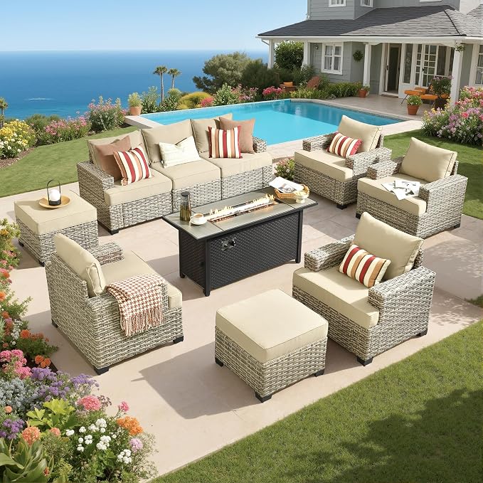 Rattan Patio Furniture Set with Fire Pit,10 Pieces Outdoor Sectional with Single Chair Ottoman,Out Door Furniture Conversation Set,Beige
