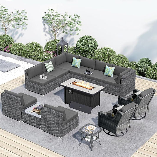 HOOOWOOO Outdoor Patio Furniture with Fire Pit Set 13 Pieces Patio Set with Fire Pit Wicker Outdoor Furniture with Fire Pit Table Set Patio Sectional Set with Swivel Chairs,Dark Gray