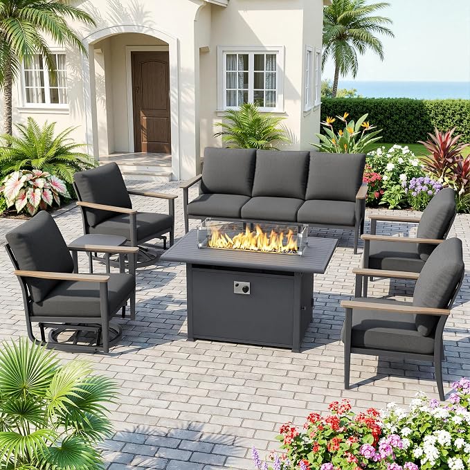 Aluminum Outdoor Patio Furniture Set with Swivel Rocking Chairs 9-Seat, Patio Sectional Sofa Patio Conversation Set with 55,000 BTU Fire Pit Table High Backrest & Thickened Cushions, Dark Grey