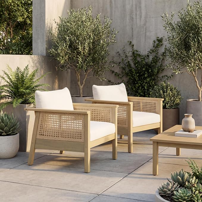 Merax Outdoor Acacia Wood Chair Set of 2 PE Wicker Club Chair Dining Chair with Waterproof Detachable Cushion, Light Teak Finish & Cream Cushion