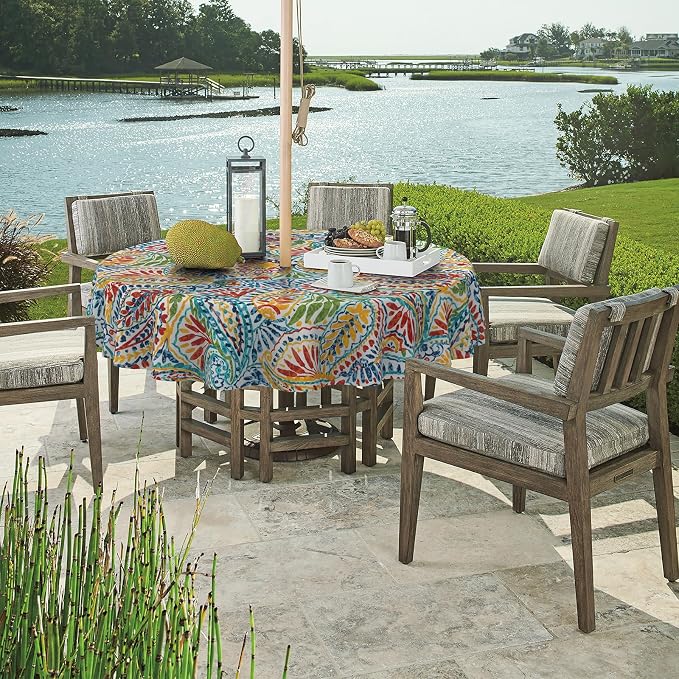 DYTXIII Outdoor Round Tablecloth with Umbrella Hole 60 Inch, Water Repellent & Fade Resistant Table Cover, All Weather Outdoor Tablecloth for Garden & Party Table, Paisley Multi