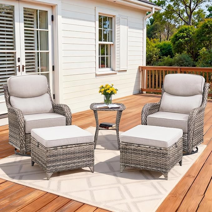 Luxury Outdoor Swivel Rocker Patio Chairs Set of 5, High Back Swivel Patio Chairs with Side Table 6-Inch Thick Cushions Ottomans, Wicker Outdoor Bistro Set for Porch, Yard, Deck, Poolside, Grey/Beige