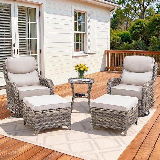 Luxury Outdoor Swivel Rocker Patio Chairs Set of 5, High Back Swivel Patio Chairs with Side Table 6-Inch Thick Cushions Ottomans, Wicker Outdoor Bistro Set for Porch, Yard, Deck, Poolside, Grey/Beige