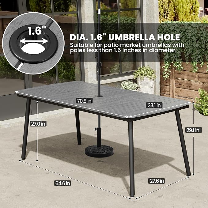 Grey Outdoor Dining Table for 6, 70" Rectangle Patio Table | 1.6" Umbrella Hole with Aluminum Frame and Waterproof Wood Grain Tabletop for Lawn Backyard Garden Poolside