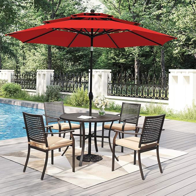 PHI VILLA Outdoor Round Table Set w/Umbrella, 5pc Patio Metal Furniture | 42" wrought iron table & stackable chairs for 4. 10ft red umbrella. Perfect for deck, porch, backyard.