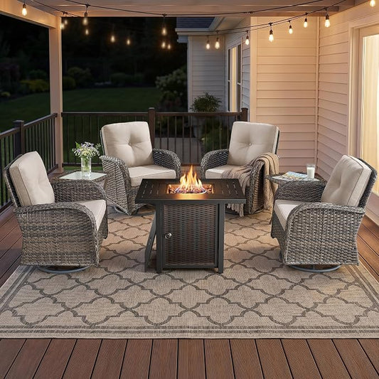7 Piece Patio Furniture Set with Fire Pit Table - Wicker Patio Conversation Set with 4 Swivel Glider Chairs and 2 Tempered Glass Side Tables for Deck Backyard - Brown Wicker Beige Cushion