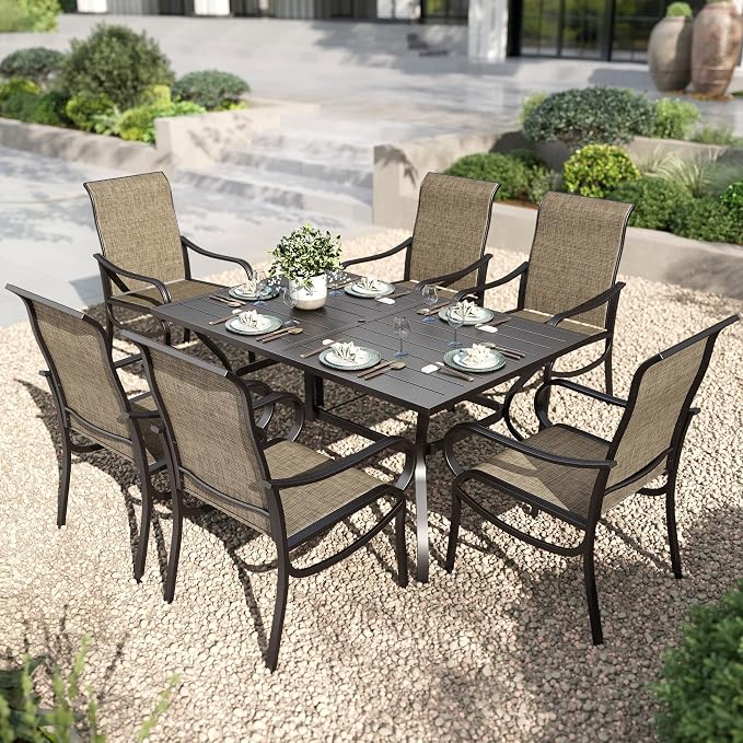 PHI VILLA 7 Pcs Outdoor Dining Set for 6, Mesh Patio Chairs & Metal Table | 60'' metal rectangular table with umbrella hole and 6 breathable textilene patio chairs, designed for deck, backyard, garden