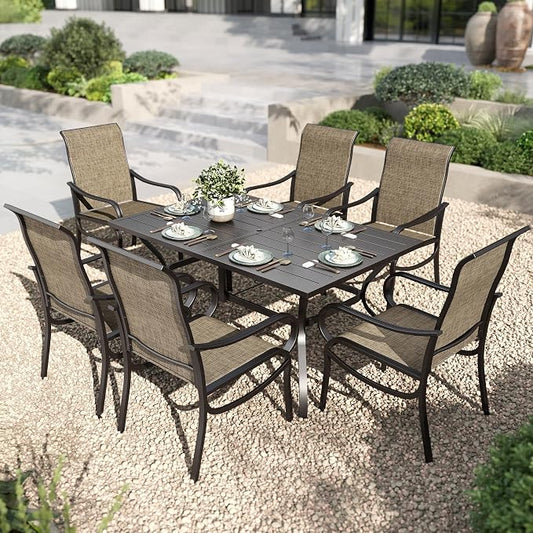 PHI VILLA 7 Pcs Outdoor Dining Set for 6, Mesh Patio Chairs & Metal Table | 60'' metal rectangular table with umbrella hole and 6 breathable textilene patio chairs, designed for deck, backyard, garden