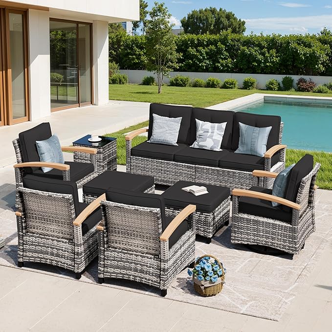 MEISSALIVVE 8 Pieces Outdoor Patio Furniture Sets, Wicker Patio Conversation Sets with 2 Wood Armrests Swivel Glide Chairs,2 Single Chairs, 3-seat Sofa (Black)