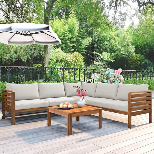 Merax 4-Piece Outdoor Sectional Furniture Set, All-Weather Acacia Wood Patio Sofa with Washable Cushions, Water-Resistant and UV Protected Conversation Set for Backyard, Poolside, Garden, Beige