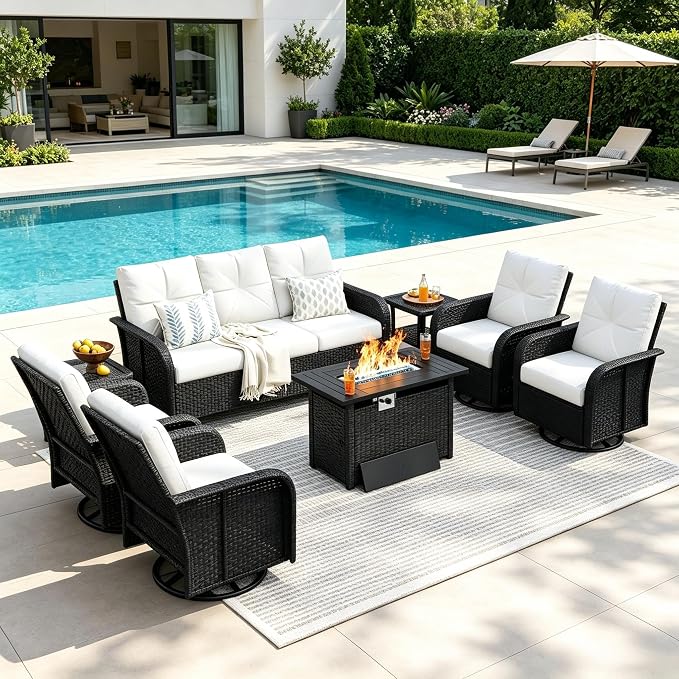 LazySunsets Luxury 10-Piece Patio Furniture Set with 44'' Fire Pit Table, Wicker Rattan Sofa with Thick Cushion, Outdoor Conversation Set for Backyard, Poolside & Garden, Black/Beige