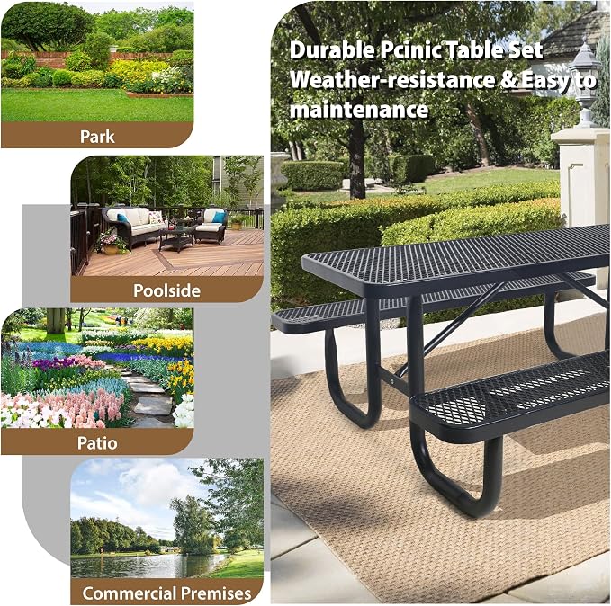 4FT Rectangular Metal Picnic Table for Outdoors, Commercial Steel Metal Picnic Tables, Heavy Duty Sturdy Picnic Tables Furniture Set for Patio Garden Courtyard BBQ, with Umbrella Hole, Black