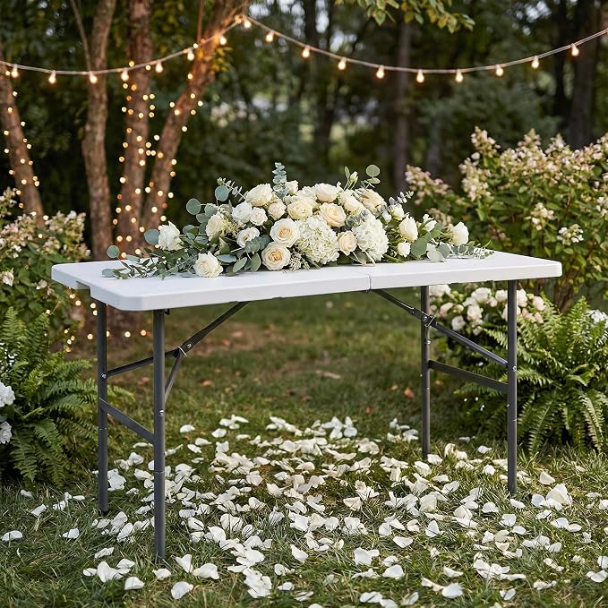 Folding Event Table, Heavy Duty Picnic Table Indoor Outdoor Camping, 4FT Portable w Handle Lock for Banquet, White