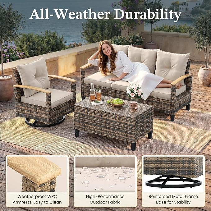 UDPATIO Patio Furniture Set, 6 Pieces Outdoor Wicker Conversation Set with 2 Ottomans & Storage Table for Lawn, Porch, Garden, Backyard, Khaki