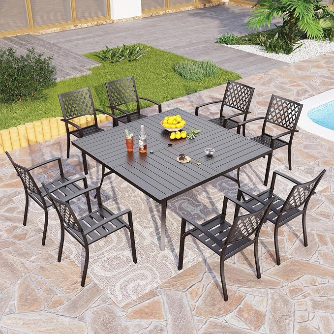 PHI VILLA 9 Pcs Outdoor Dining Set for 8,57.5" Steel Table, Black | Metal Table &Stackable Wrought Iron Chairs, All Weather Large Furniture Set for Patio, Deck, Backyard, Porch - Black