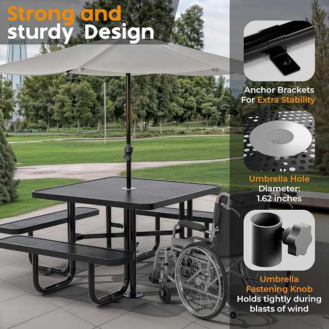 Metal Picnic Tables for Outdoors with Umbrella Hole - Coated Steel Heavy Duty Commercial Grade Furniture (Black, 46 in, Square, Punched Steel)