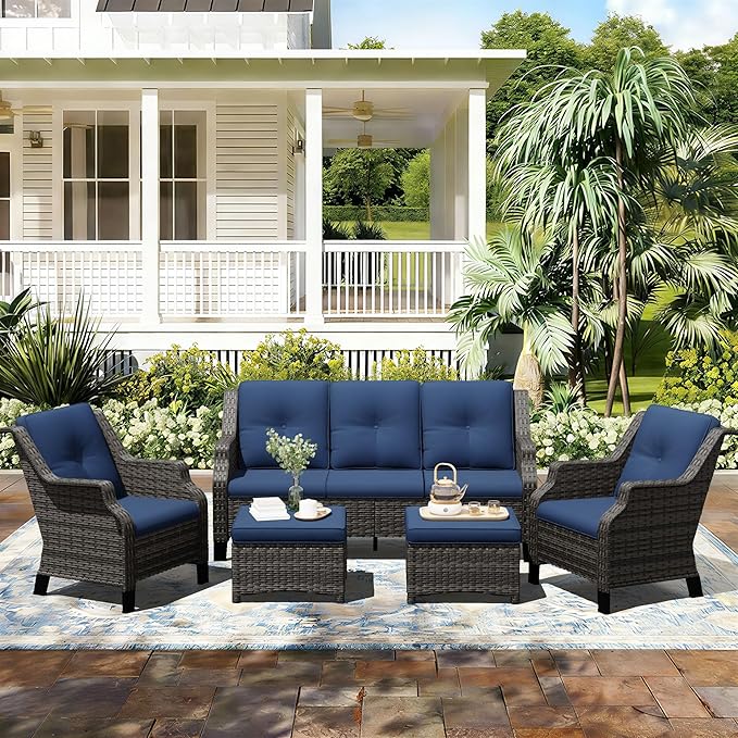 Outdoor Patio Furniture Set, 5 Piece Wicker Patio Furniture with Thick Cushions, Curved Armrest, Deep Seating, Rattan Outdoor Chairs for Porch, Deck, Balcony