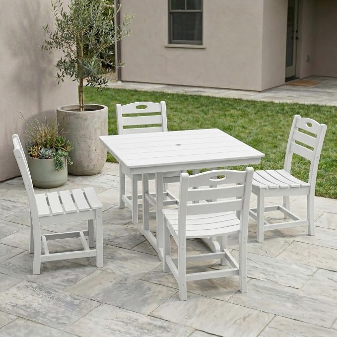 WILLIAMSPACE 37.8" Outdoor Patio Dining Set with 4 Armless Chairs, All Weather HDPE Square Dining Table with Umbrella Hole, Patio 5-Piece Bistro Set for Backyard, Balcony, Lawn, Kitchen (White)