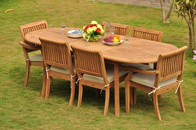 6 Seater 7 Pc Grade-A Teak Wood Dining Set: 94" Oval Table and 2 Stacking Arbor Arm & 4 Armless Chairs #TSDSABy