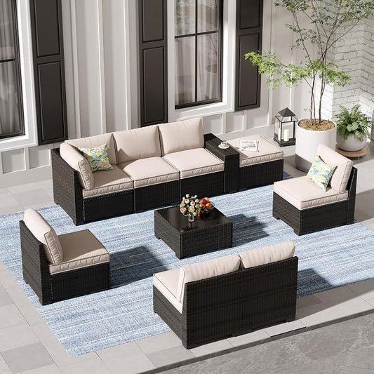 Jing's Villa 9-Piece Patio Furniture Set, All-Weather Outdoor Wicker Sectional Sofa with Cushions, Tempered Glass Table & Ottoman, Rattan Conversation Seating for Porch, Garden, Backyard,Beige