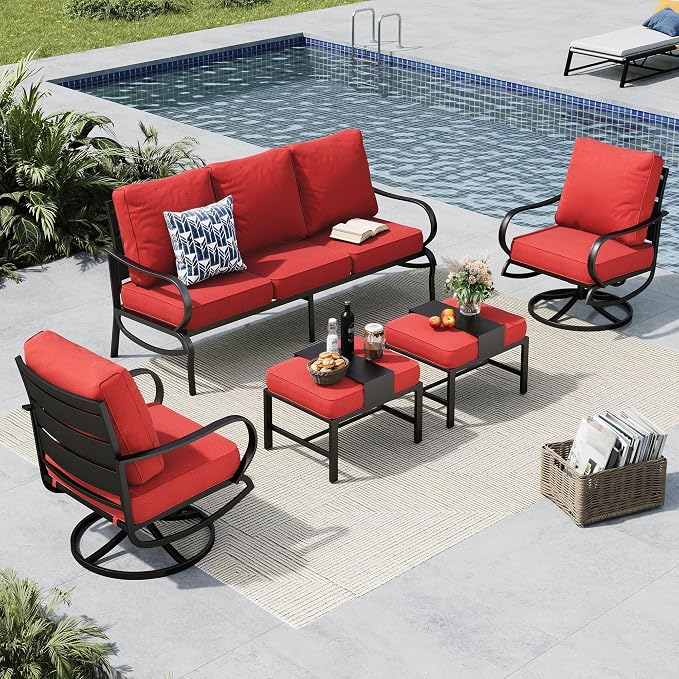 MFSTUDIO 5 Pieces Patio Conversation Sets,Outdoor Metal Furniture Sofas with 1 x 3-Seat Sofa, 2 x Swivel Chairs,2 x Ottoman,Wrought Iron Frame with Red Cushion for Patio Courtyard Balcony