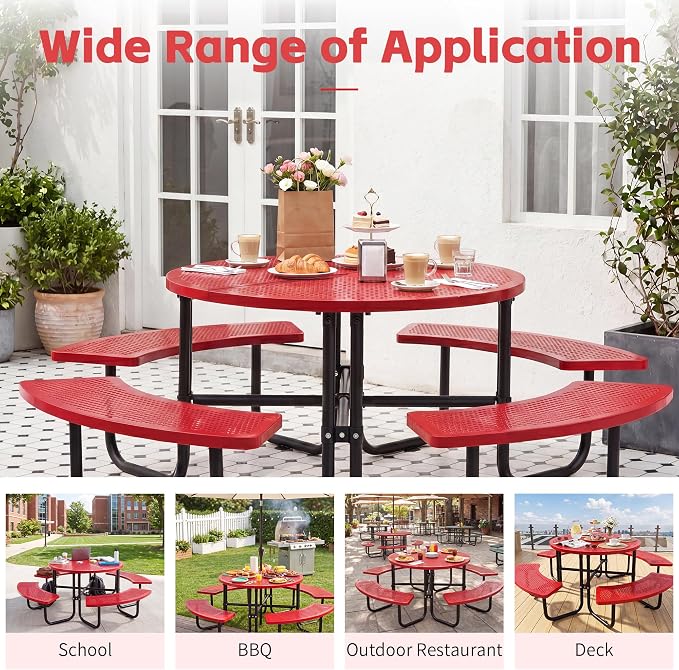 46" Outdoor Round Perforated Picnic Table Metal Camping Table with Umbrella Hole - Heavy Duty Steel Mesh Picnic Bench Set for Backyard Garden Deck, Red