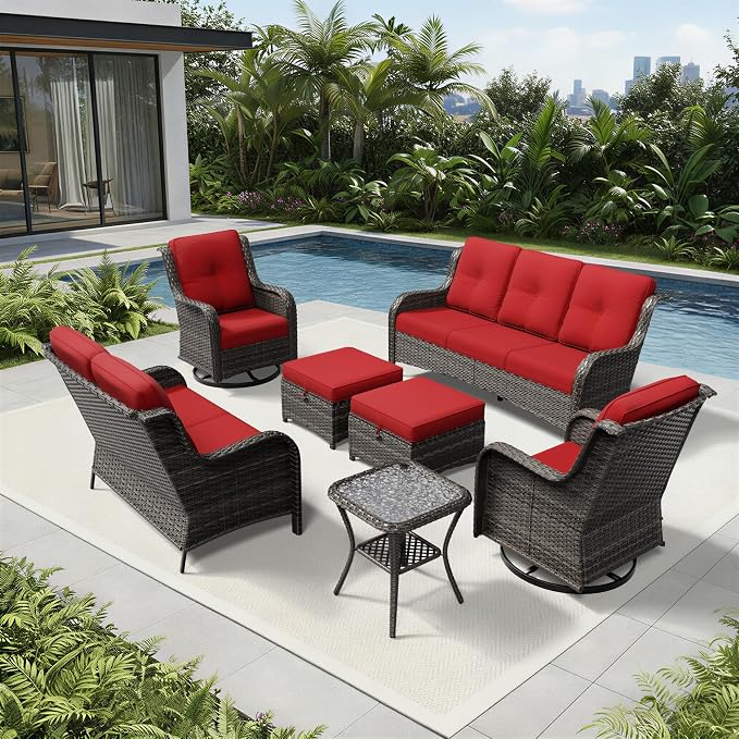 Joyside 7 Piece Wicker Patio Furniture Set, Outdoor Swivel Rocker Patio Chairs with High Back, Deep Seating, Wide Armrest, Thickened Cushions, Outdoor Furniture for Deck, Porch Use