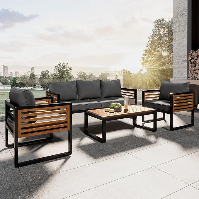 SOFTSEA 4-Piece Patio Acacia Wood Sofa Set, Outdoor Conversation Set with Heavy Duty Metal Frame & All Weather Cushions, Acacia Wood Sofa Set with Coffee Table for Balcony, Poolside, Grey