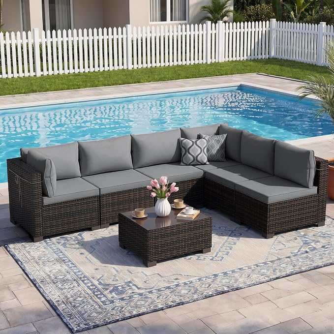 LEVELEVE 7-Piece Outdoor Patio Furniture Sets, Manual Weaving Rattan Conversation Sectional Sofa with Tempered Glass Coffee Table, All-Weather PE Wicker & Thick Cushions for Garden, Backyard, Porch